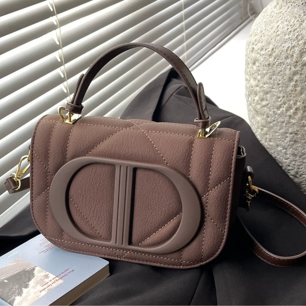 Quilted PU Leather Top Handle Crossbody Bag with Logo Detail