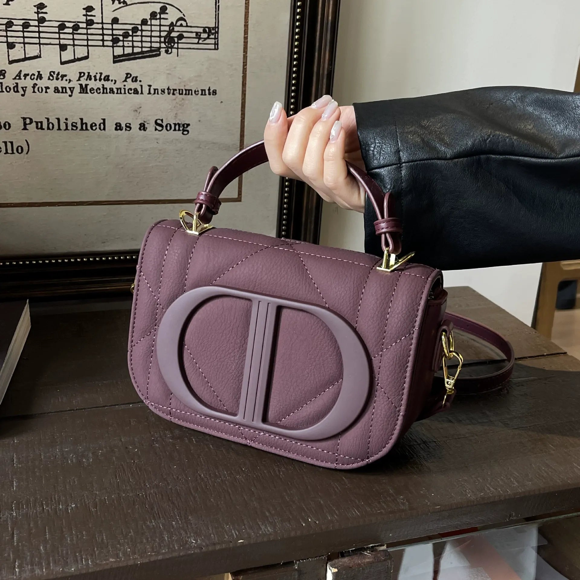 Quilted PU Leather Top Handle Crossbody Bag with Logo Detail