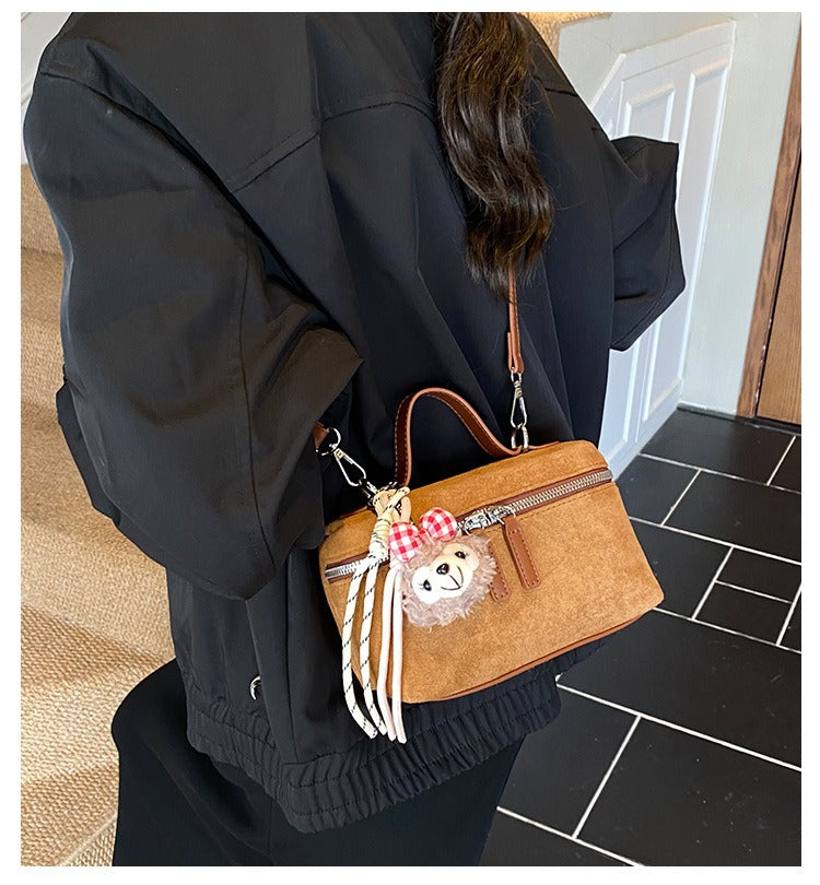 Suede Mini Box Bag Women Small Crossbody Shoulder Bag with Bear Charm