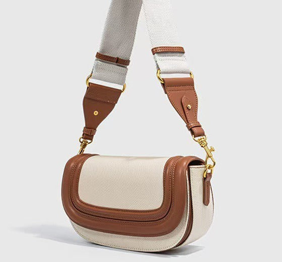Women's Cream & Tan Leather Crossbody Bag with Gold Hardware