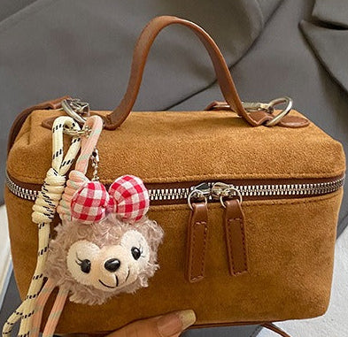 Suede Mini Box Bag Women Small Crossbody Shoulder Bag with Bear Charm