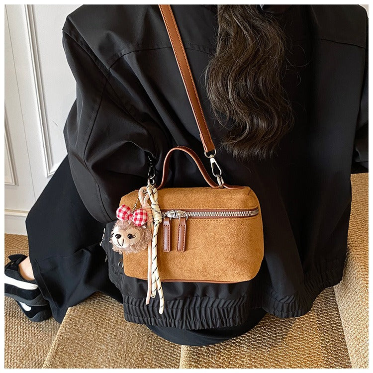 Suede Mini Box Bag Women Small Crossbody Shoulder Bag with Bear Charm