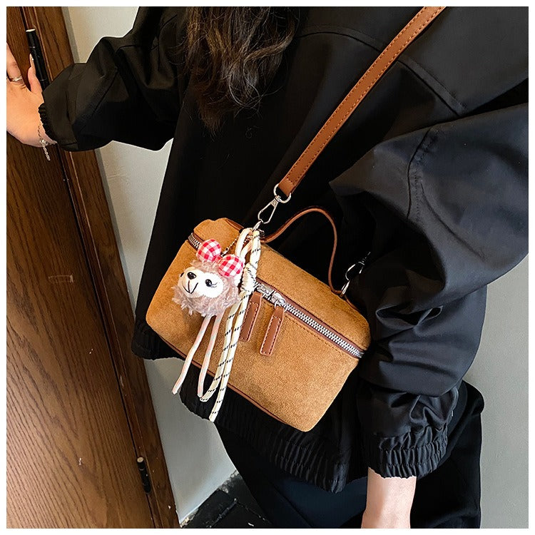 Suede Mini Box Bag Women Small Crossbody Shoulder Bag with Bear Charm