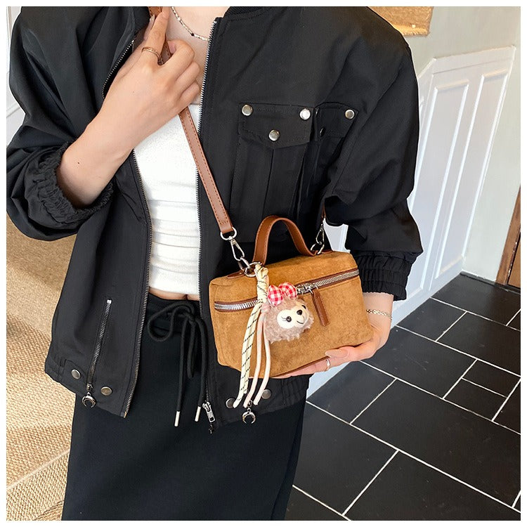 Suede Mini Box Bag Women Small Crossbody Shoulder Bag with Bear Charm