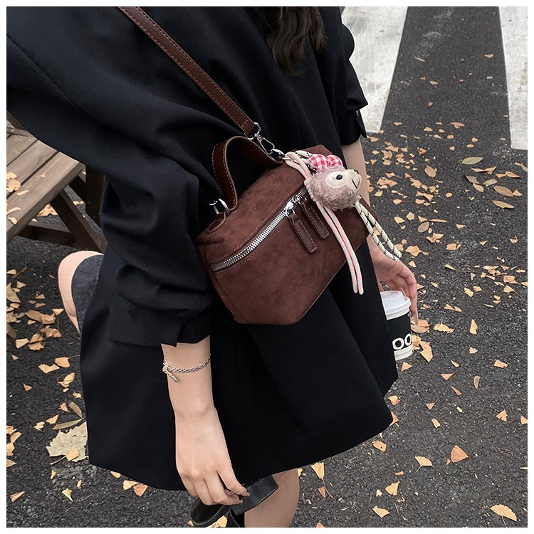 Suede Mini Box Bag Women Small Crossbody Shoulder Bag with Bear Charm