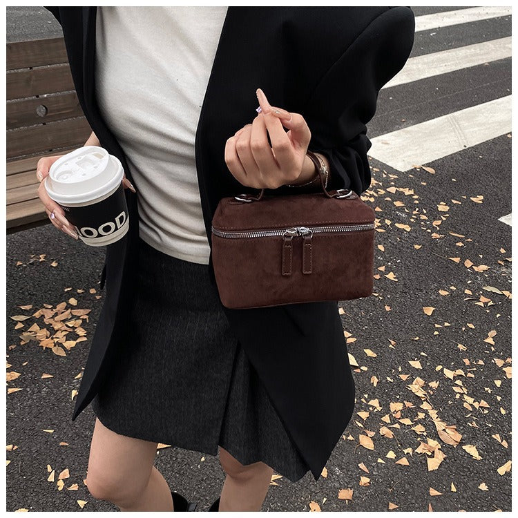 Suede Mini Box Bag Women Small Crossbody Shoulder Bag with Bear Charm