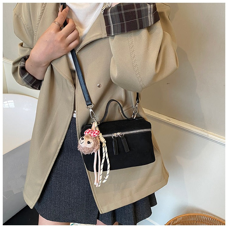 Suede Mini Box Bag Women Small Crossbody Shoulder Bag with Bear Charm