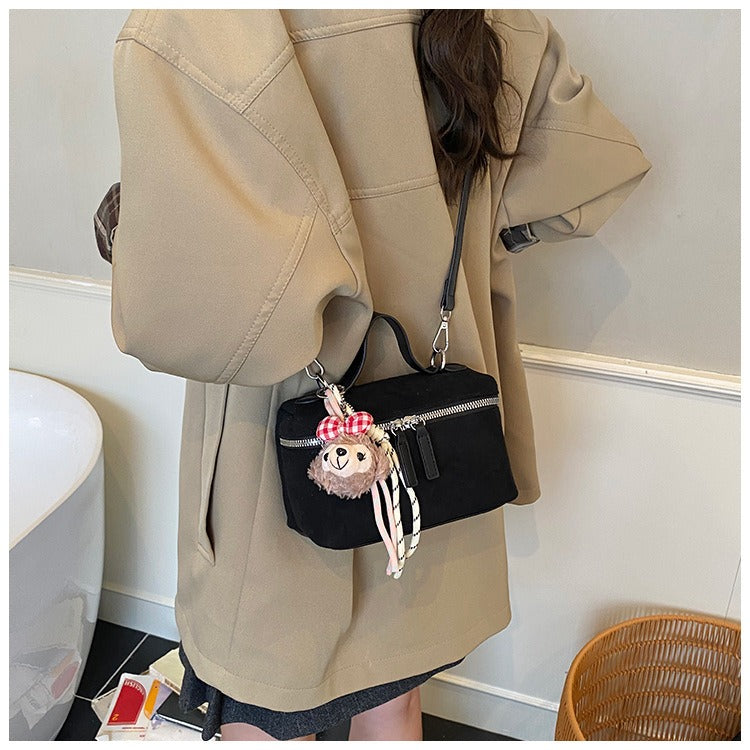 Suede Mini Box Bag Women Small Crossbody Shoulder Bag with Bear Charm